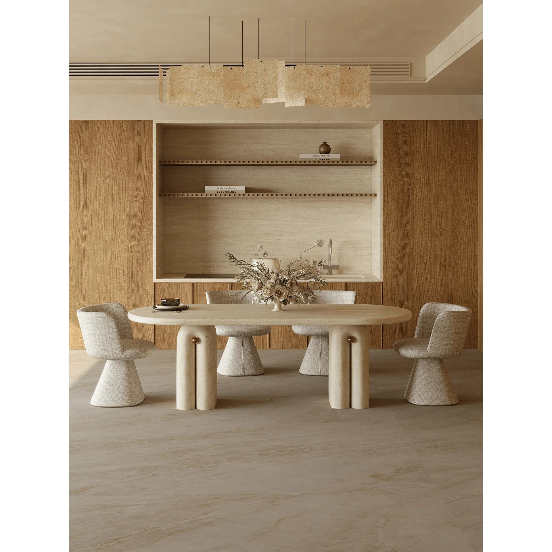 Sculptural Travertine Dining Table with Asymmetric Pedestal for Open Dining Spaces