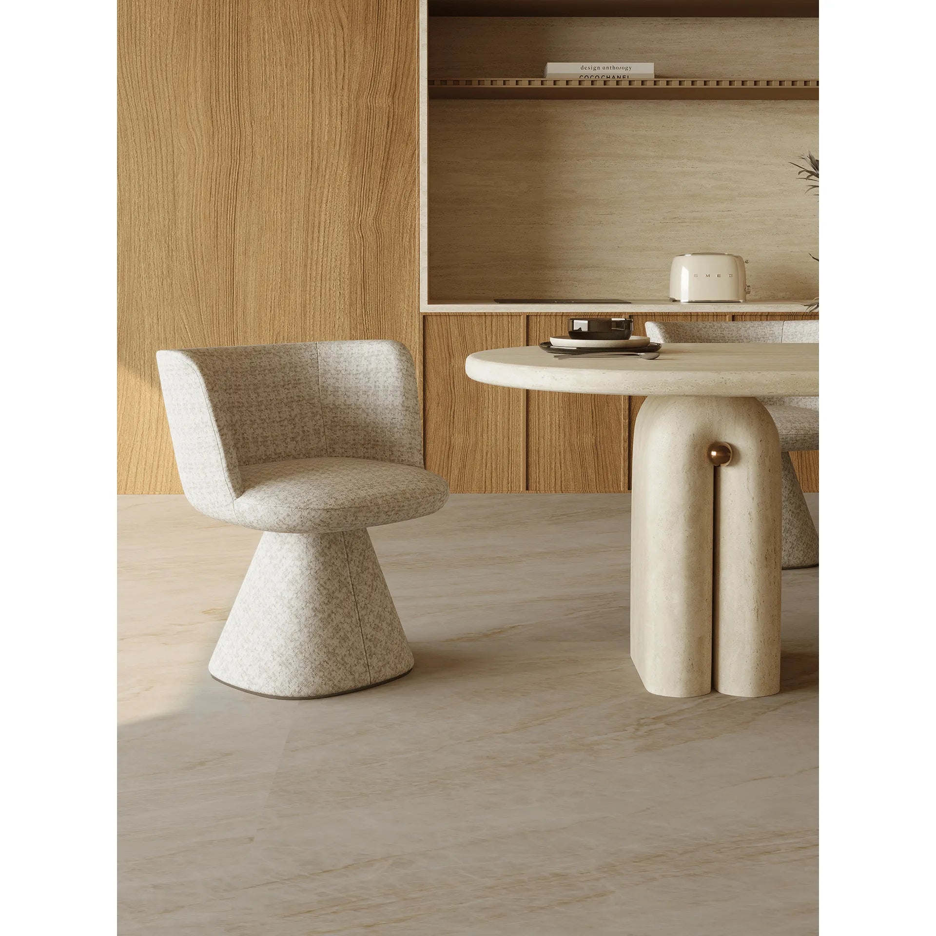 Sculptural Travertine Dining Table with Asymmetric Pedestal for Open Dining Spaces