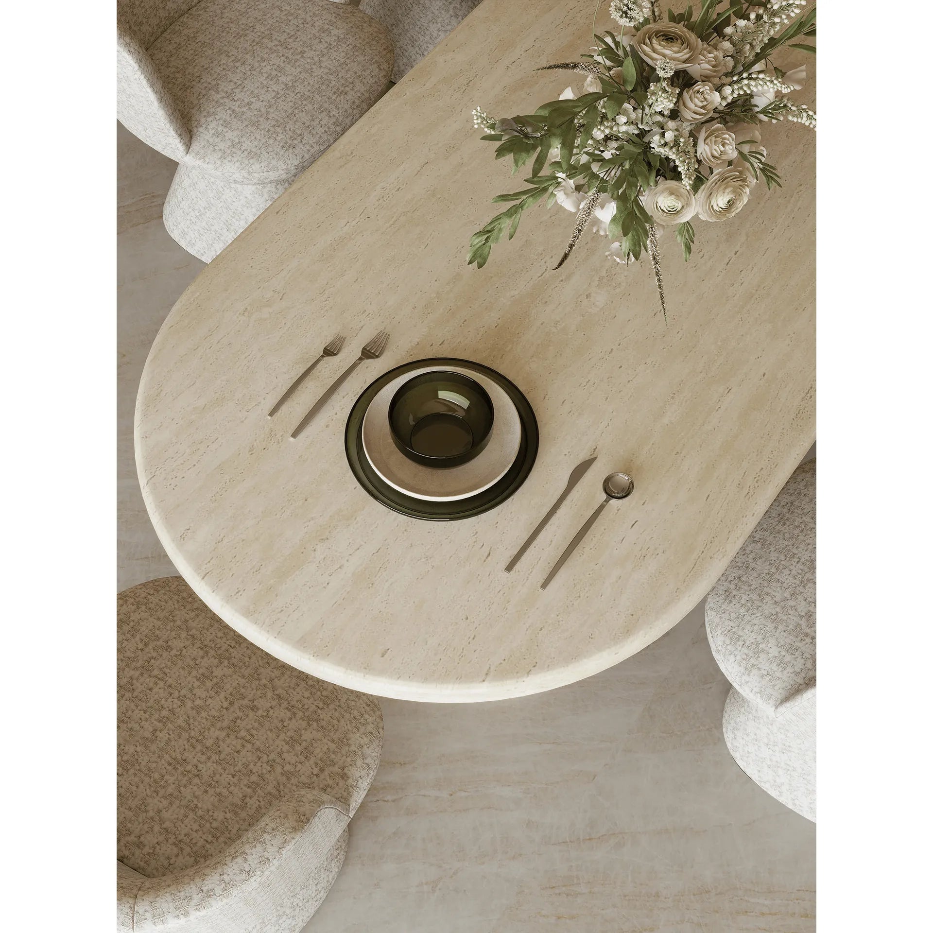 Sculptural Travertine Dining Table with Asymmetric Pedestal for Open Dining Spaces