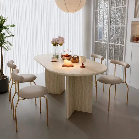 Sculptural Travertine Dining Table with Rounded Edges and Warm Stone Texture