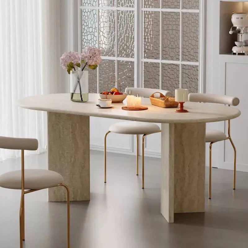 Sculptural Travertine Dining Table with Rounded Edges and Warm Stone Texture