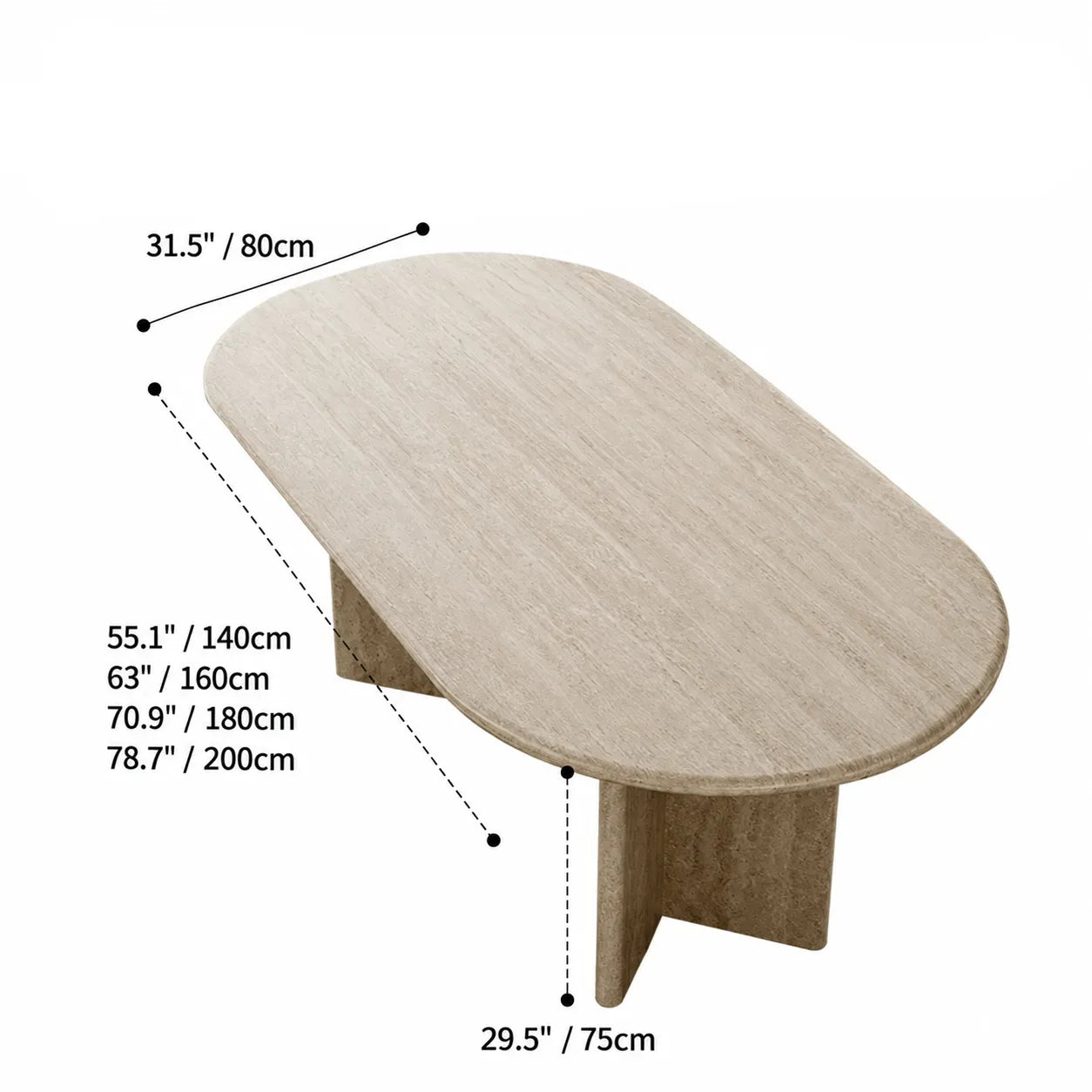 Sculptural Travertine Dining Table with Rounded Edges and Warm Stone Texture Dimensions