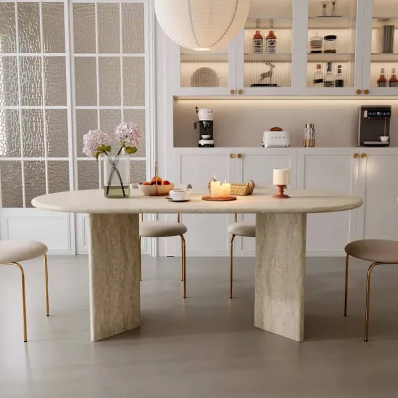 Sculptural Travertine Dining Table with Rounded Edges and Warm Stone Texture Main Product Image