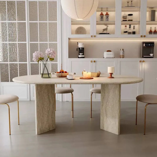 Sculptural Travertine Dining Table with Rounded Edges and Warm Stone Texture Main Product Image