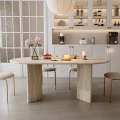 Sculptural Travertine Dining Table with Rounded Edges and Warm Stone Texture Main Product Image