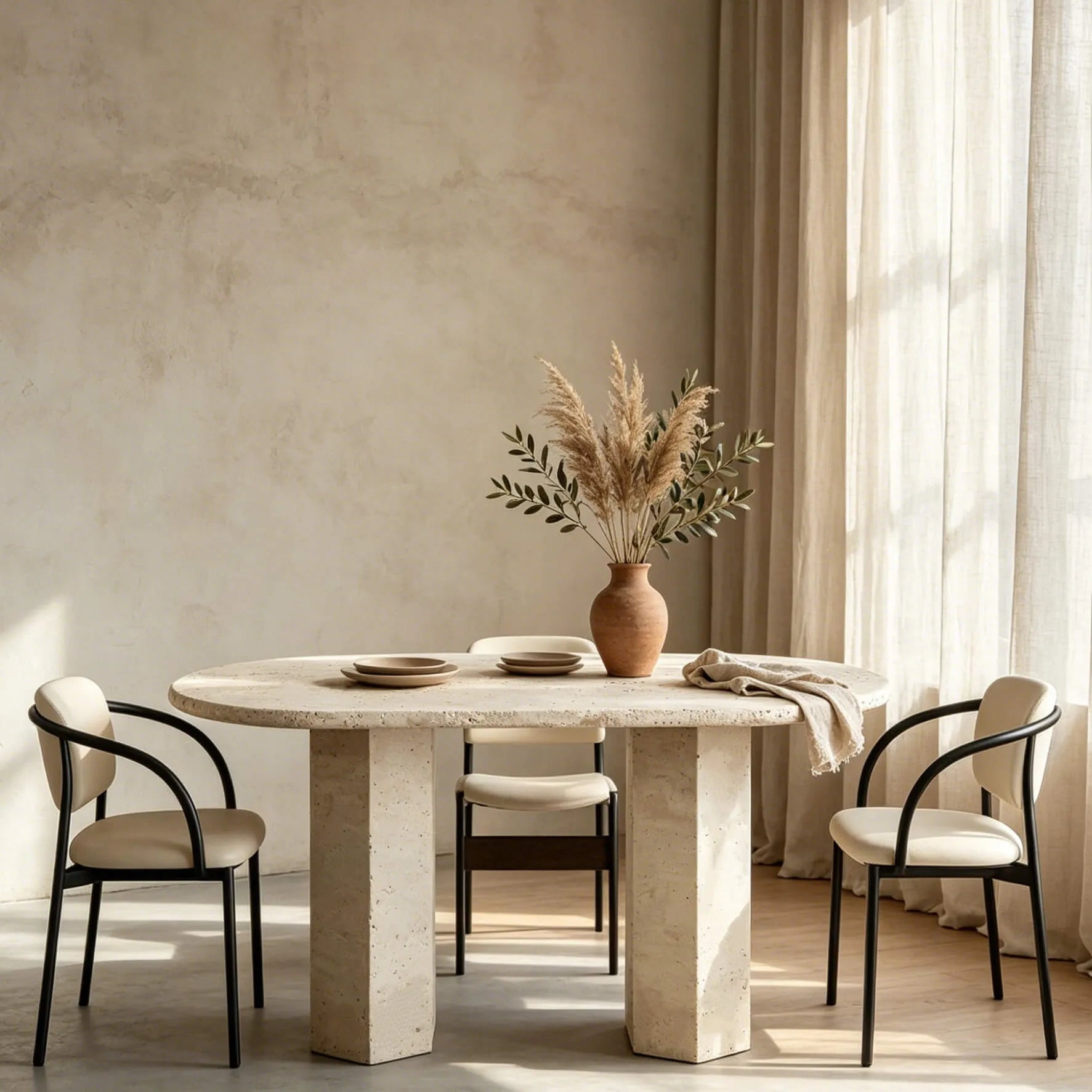 Sculptural Travertine Dining Table with Rounded Top and Double Pedestal Base
