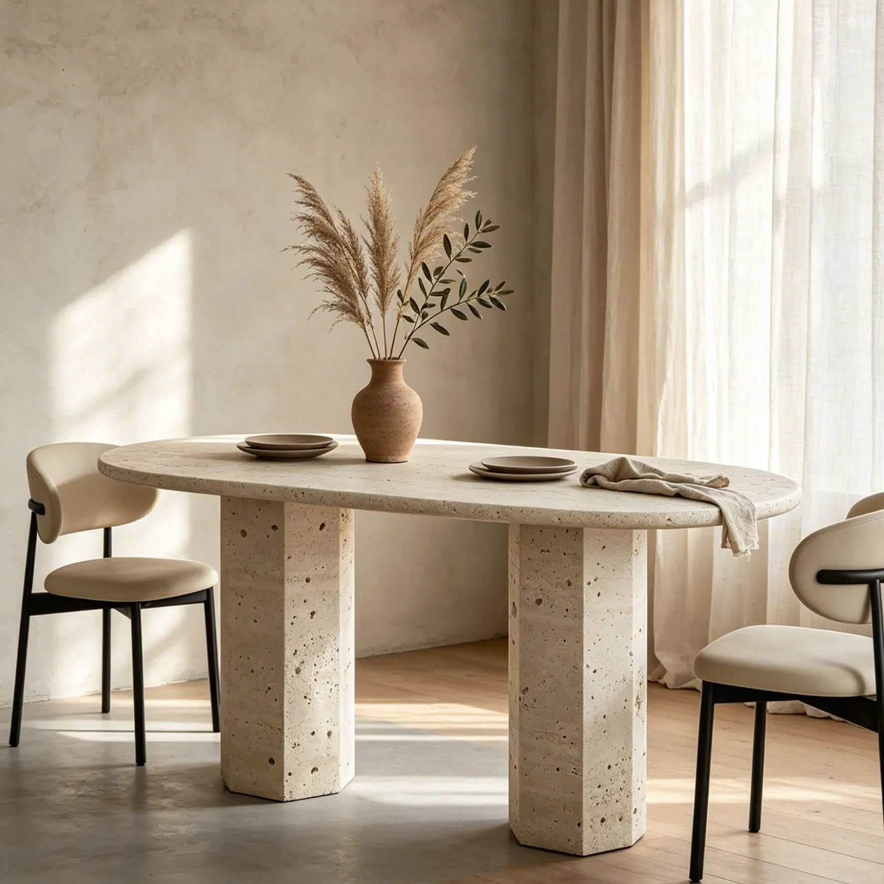 Sculptural Travertine Dining Table with Rounded Top and Double Pedestal Base