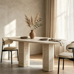 Sculptural Travertine Dining Table with Rounded Top and Double Pedestal Base