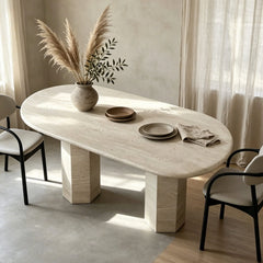 Sculptural Travertine Dining Table with Rounded Top and Double Pedestal Base