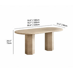 Sculptural Travertine Dining Table with Rounded Top and Double Pedestal Base Dimensions