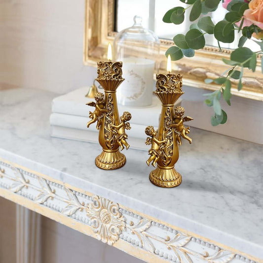 Set of 2 Gold Resin Candlestick Holders with Angel Statues