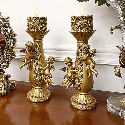 Set of 2 Gold Resin Candlestick Holders with Angel Statues Main Product Image