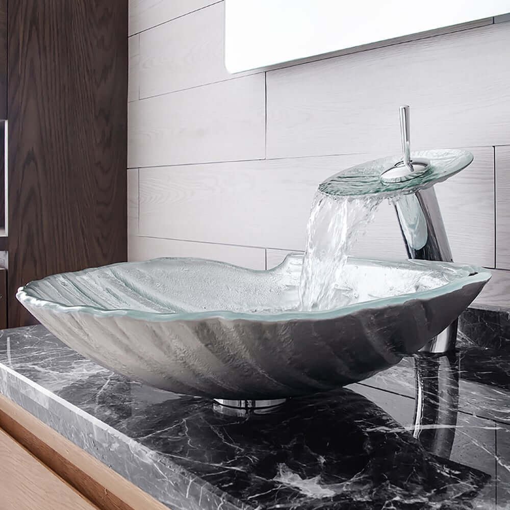 Shell Shape Clear Glass Vessel Sink with Copper Waterfall Faucet