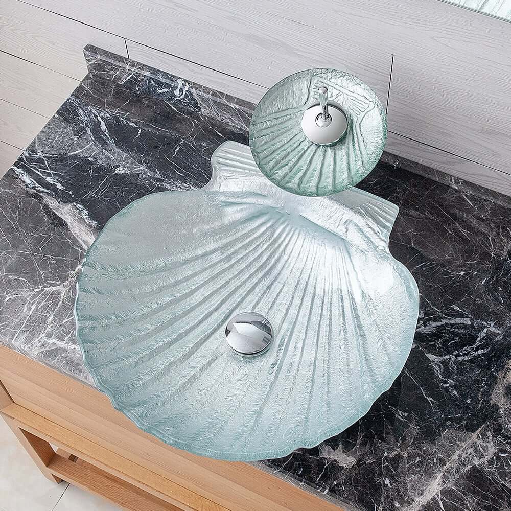 Shell Shape Clear Glass Vessel Sink with Copper Waterfall Faucet