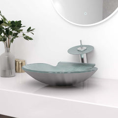 Shell Shape Clear Glass Vessel Sink with Copper Waterfall Faucet