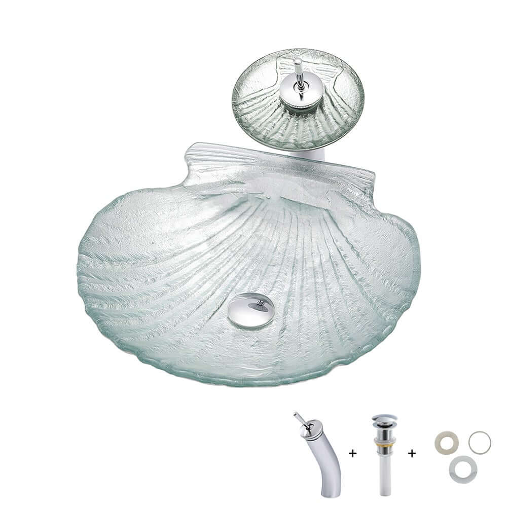 Shell Shape Clear Glass Vessel Sink with Copper Waterfall Faucet