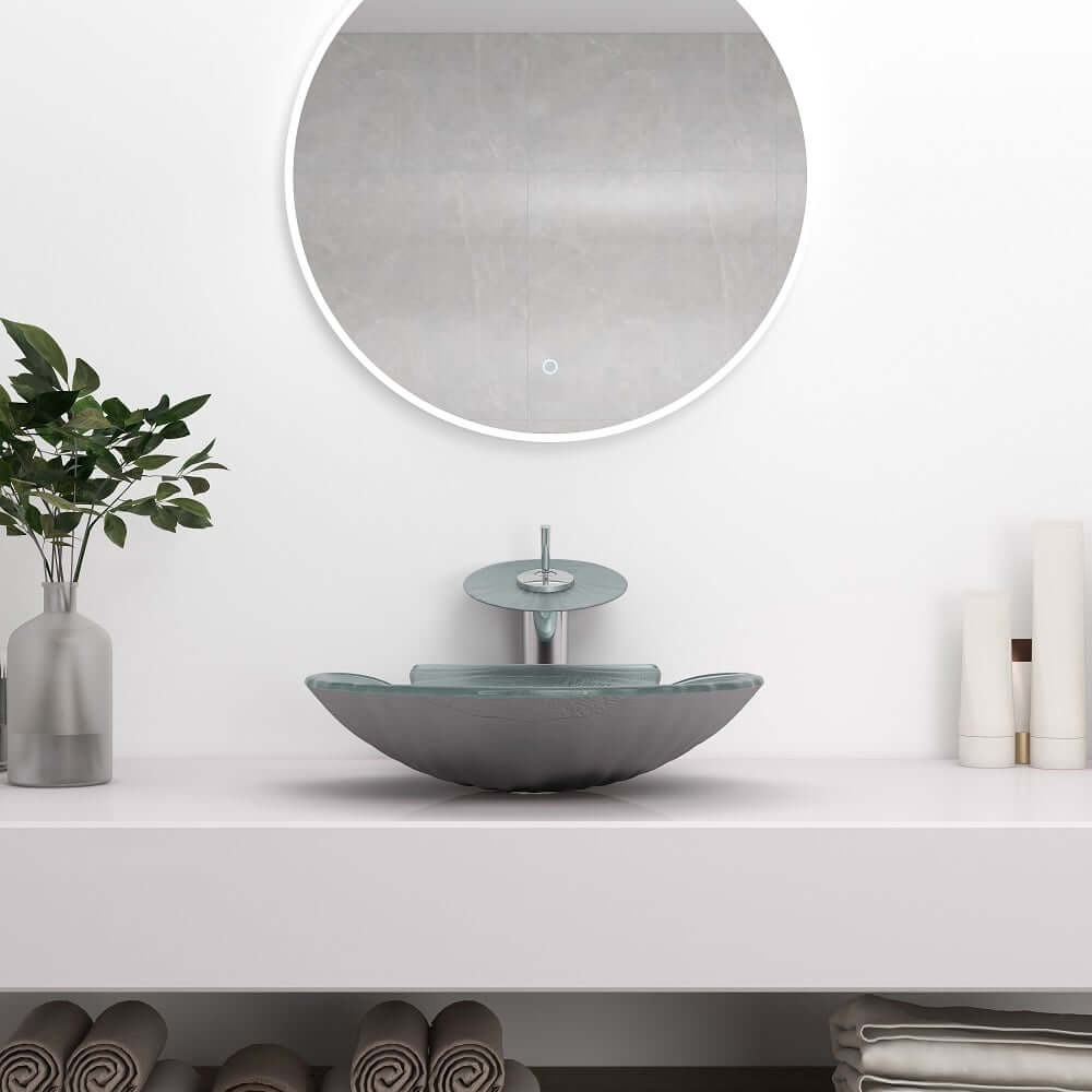 Shell Shape Clear Glass Vessel Sink with Copper Waterfall Faucet