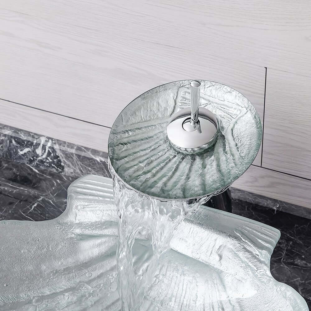 Shell Shape Clear Glass Vessel Sink with Copper Waterfall Faucet