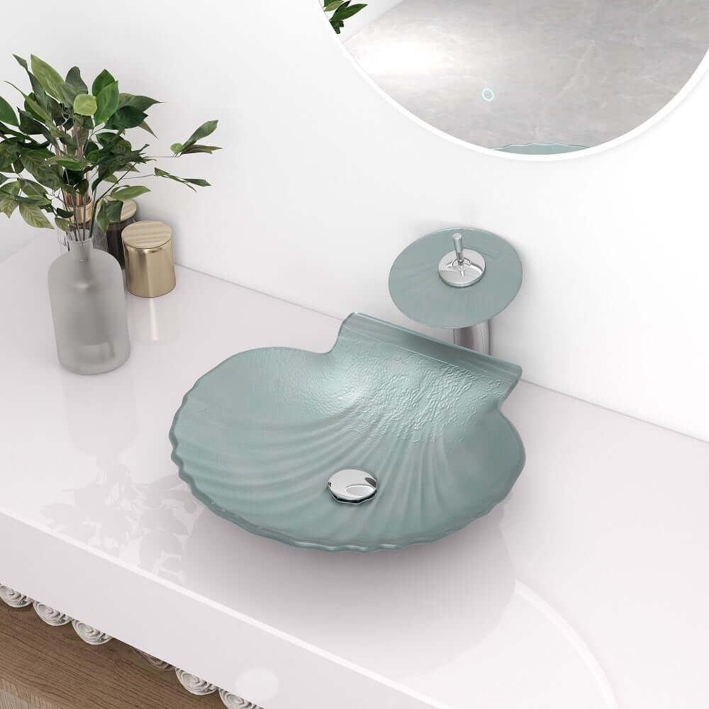 Shell Shape Clear Glass Vessel Sink with Copper Waterfall Faucet