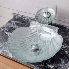 Shell Shape Clear Glass Vessel Sink with Copper Waterfall Faucet Main Product Image