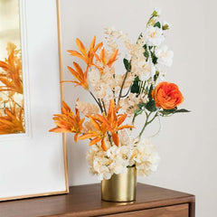 Silk Floral Arrangement in Gold Ceramic Planter for Indoor or Outdoor Use