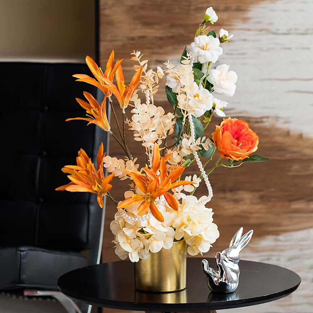 Silk Floral Arrangement in Gold Ceramic Planter for Indoor or Outdoor Use