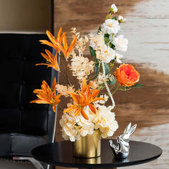 Silk Floral Arrangement in Gold Ceramic Planter for Indoor or Outdoor Use