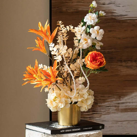 Silk Floral Arrangement in Gold Ceramic Planter for Indoor or Outdoor Use Main Product Image