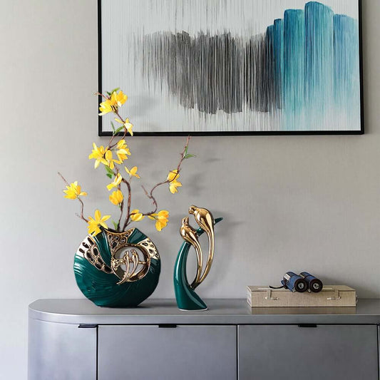 Silk Floral Arrangement with Gold Ceramic Dish and Magpie Sculpture