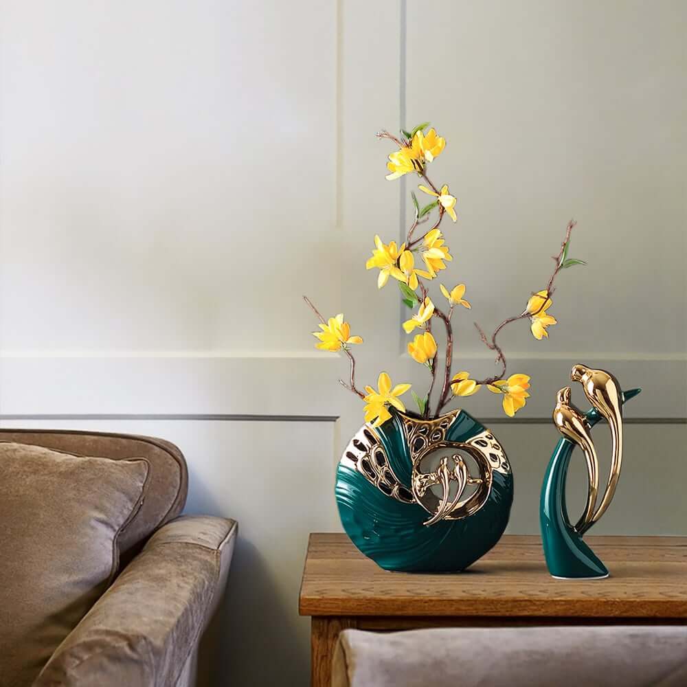 Silk Floral Arrangement with Gold Ceramic Dish and Magpie Sculpture