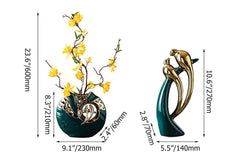 Silk Floral Arrangement with Gold Ceramic Dish and Magpie Sculpture Dimensions