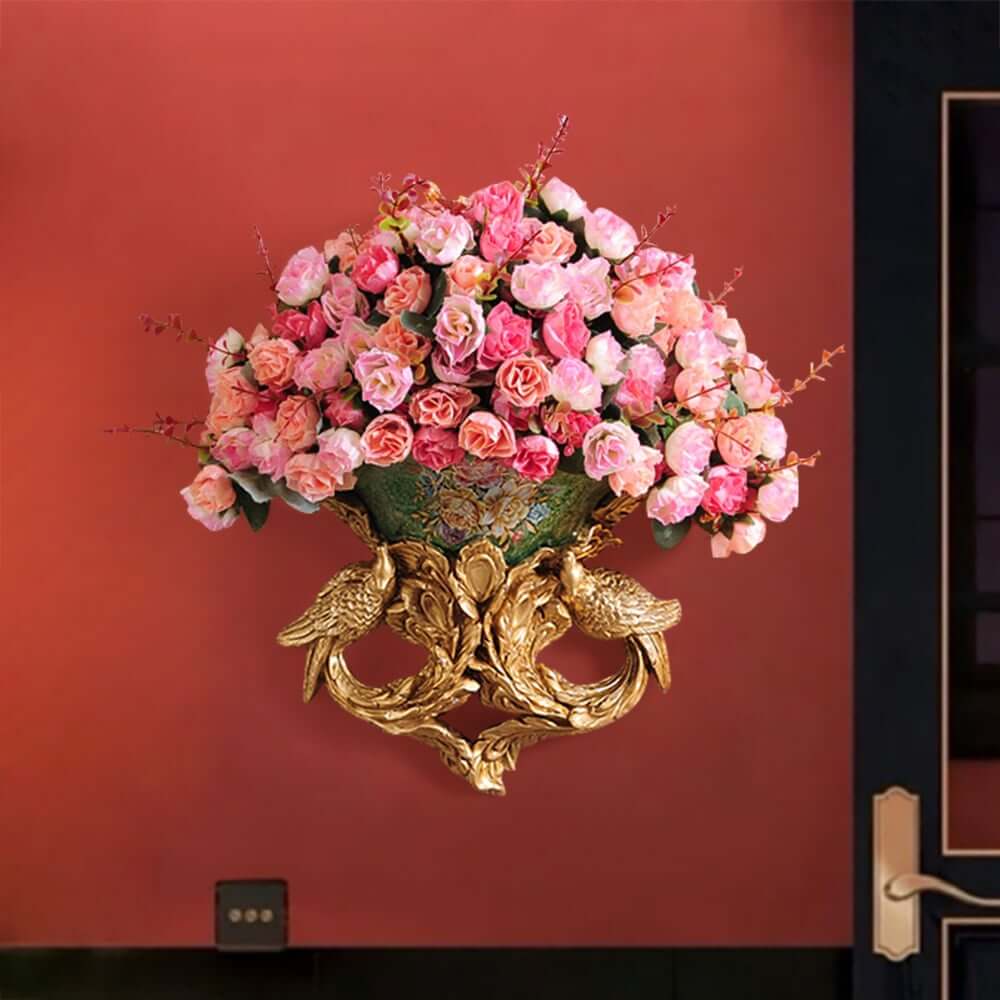 Silk Floral Arrangement with Gold Resin Planter for Indoor Decor