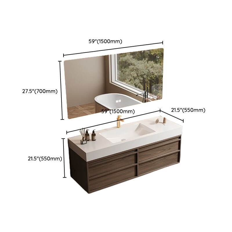 Modern bathroom styling featuring brown vanity