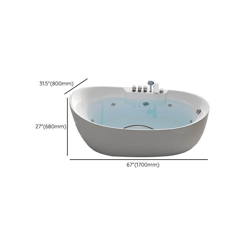 Oval plexiglass freestanding bathtub with massage feature and 3-handle valve faucet dimensions