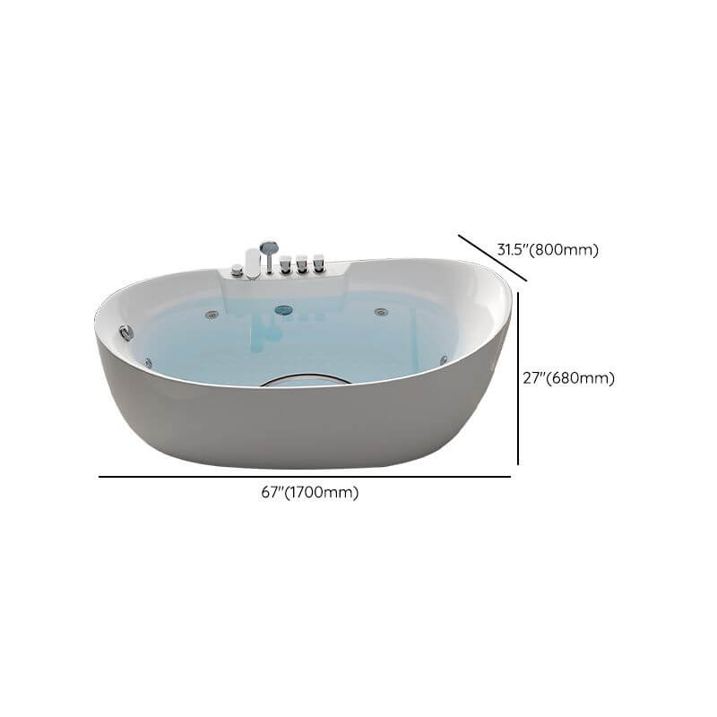 Oval plexiglass freestanding bathtub with massage feature and 3-handle valve faucet dimensions