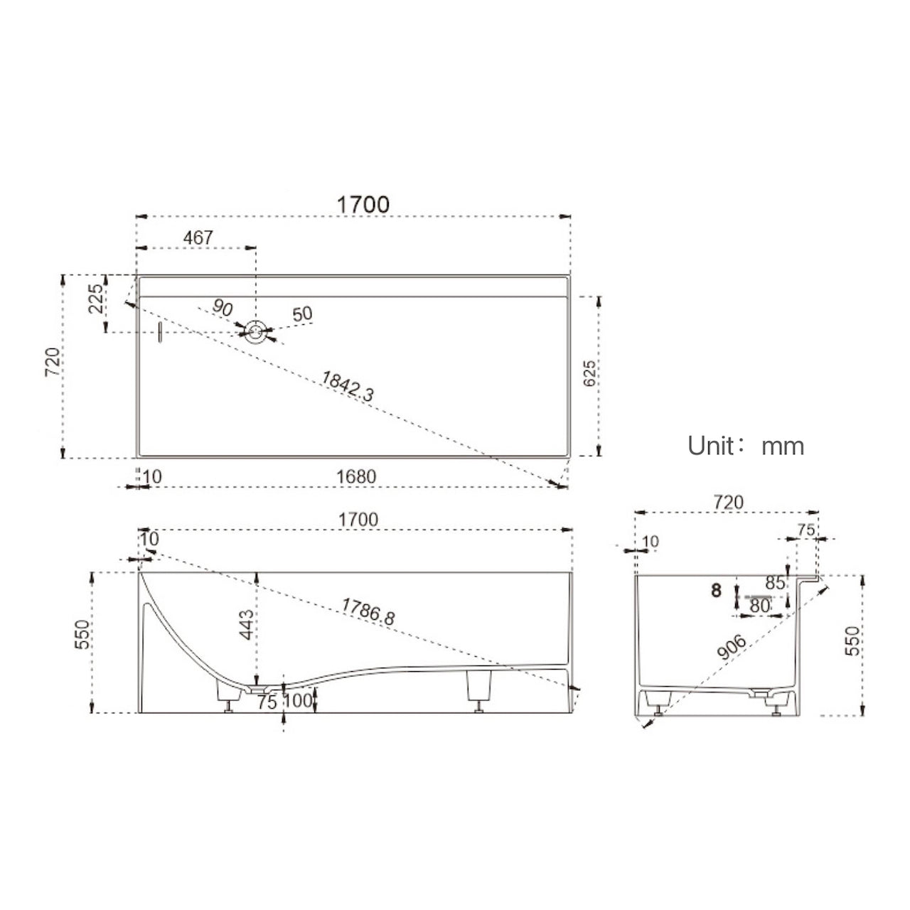 67-Inch Rectangular Artificial Stone Single Soak Bathtub in White