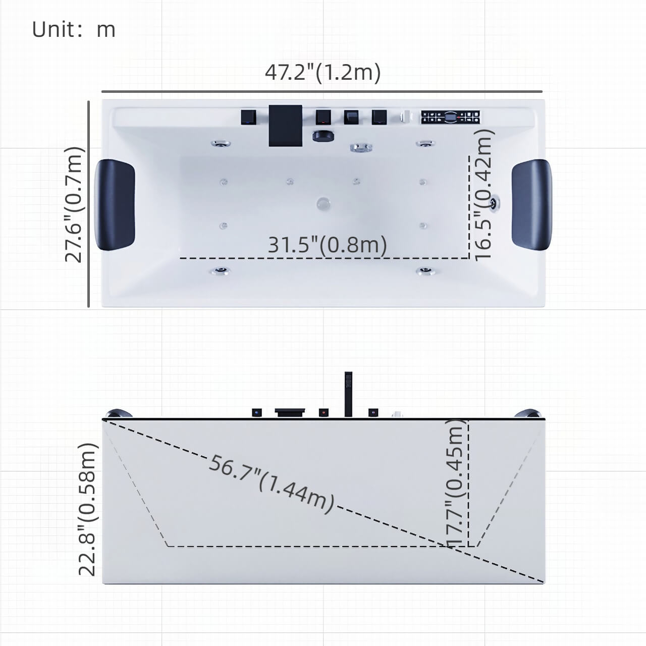 47-Inch Rectangular Acrylic Single Soaker Massage Bathtub in White