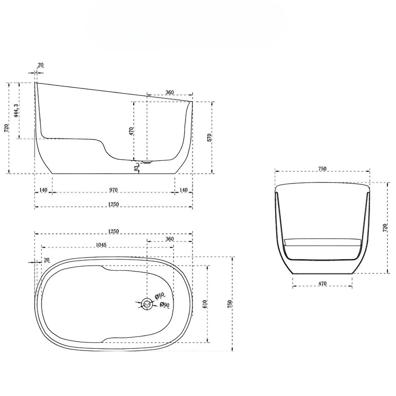 49-Inch Oval Acrylic Single Soak Bathtub in Glossy White