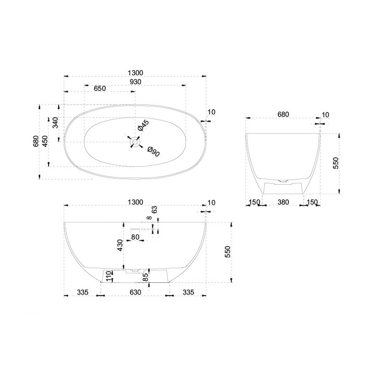 51 Inch Oval Artificial Stone Single Soak Bathtub in White