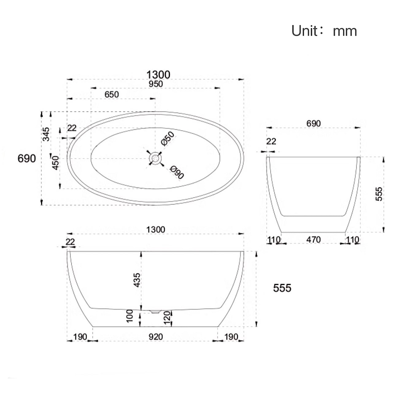 51-Inch White Acrylic Oval Single Soaker Bathtub