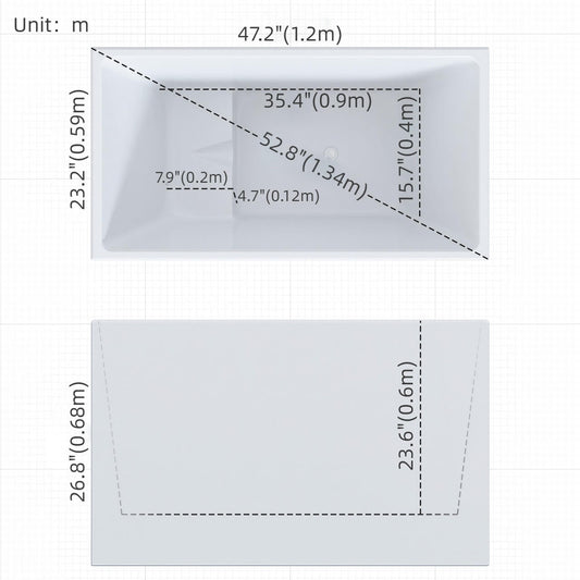 White 47-inch rectangular acrylic single soaker bathtub with sleek modern design dimensions