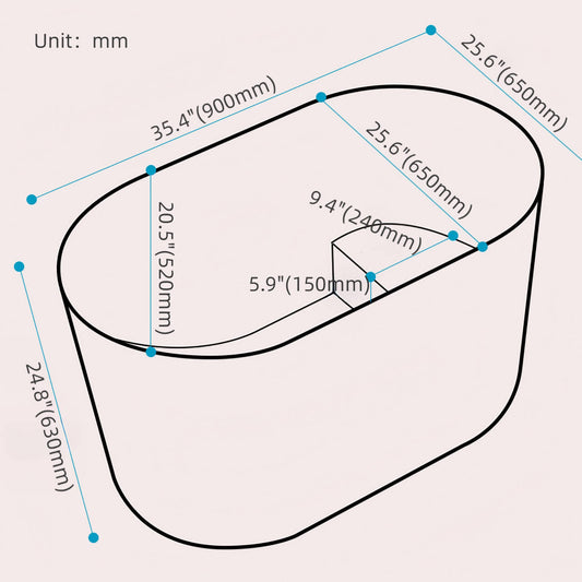 White 35-inch acrylic oval soaker bathtub for single user, ideal for relaxing baths dimensions