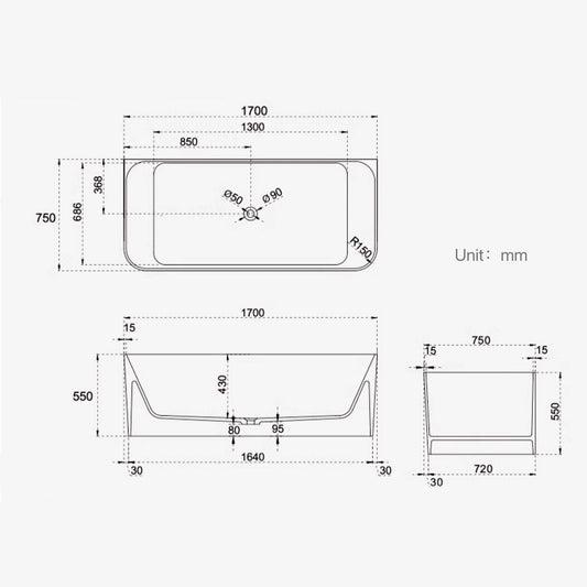 White rectangular 67-inch single soaker tub made of durable artificial stone dimensions