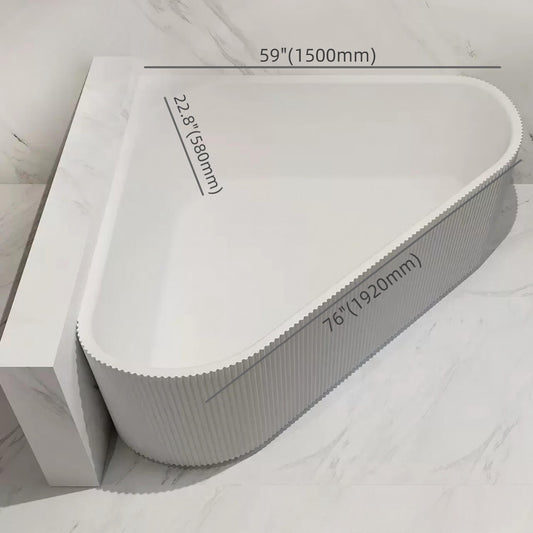 Bright white 76-inch triangular acrylic double soaking bathtub for spacious bathroom relaxation dimensions