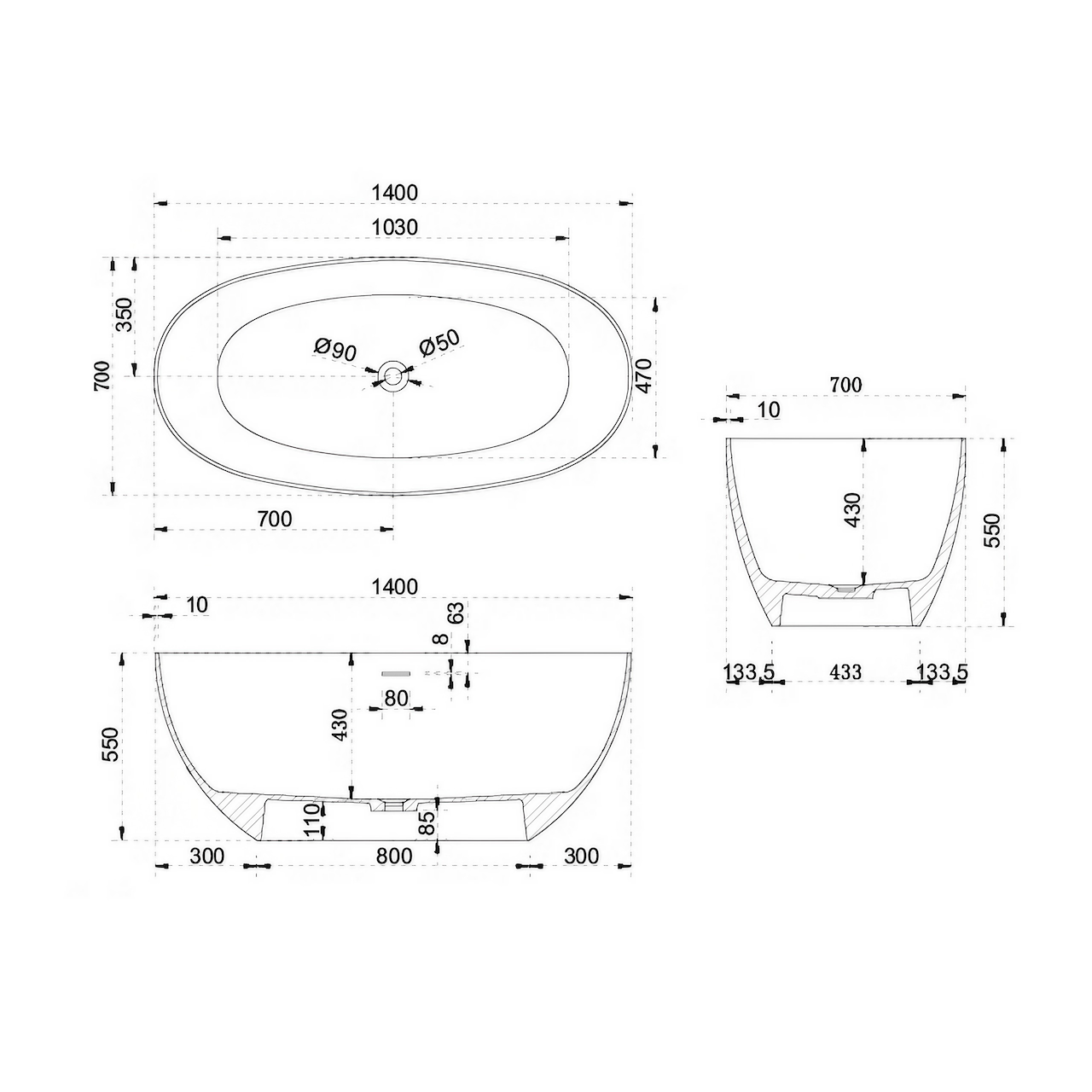 51 Inch Oval Artificial Stone Single Soak Bathtub in White