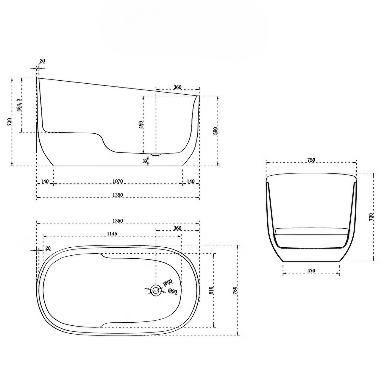 49-Inch Oval Acrylic Single Soak Bathtub in Glossy White