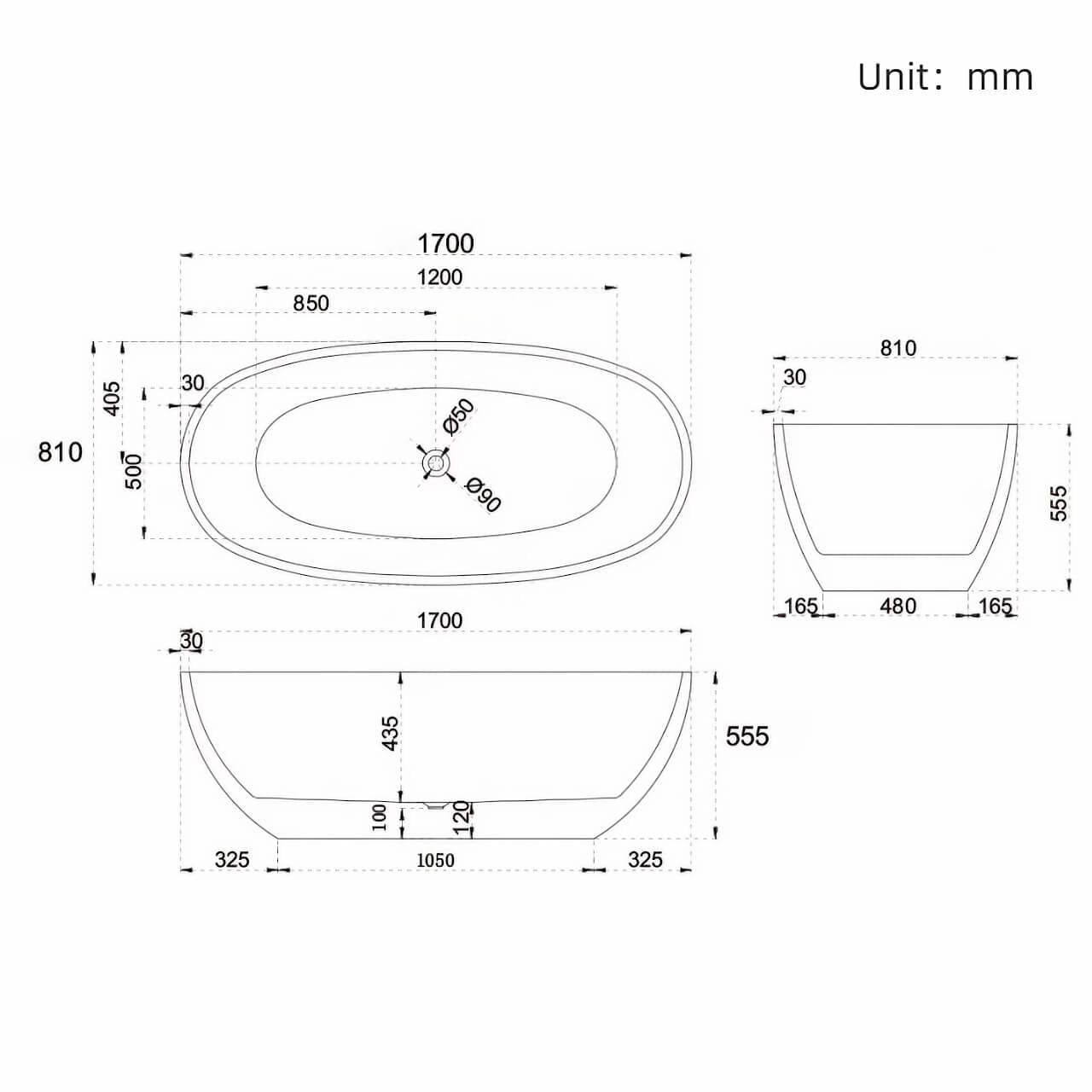 51-Inch White Acrylic Oval Single Soaker Bathtub