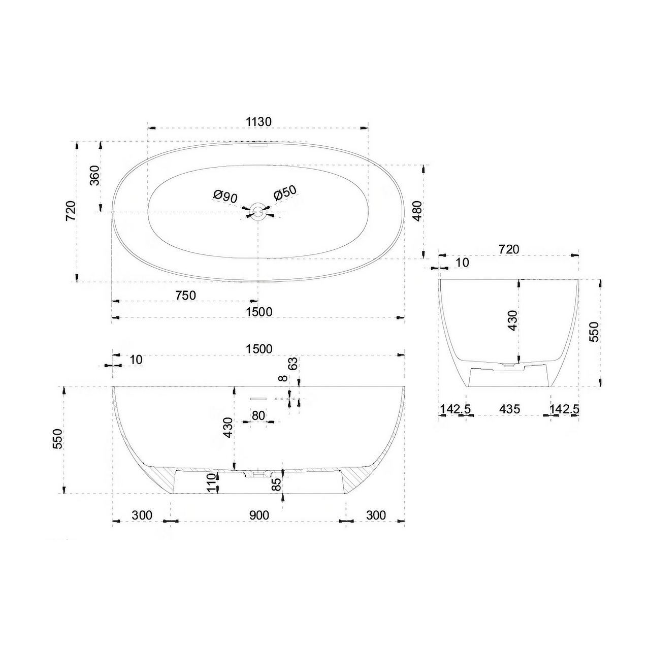 51 Inch Oval Artificial Stone Single Soak Bathtub in White