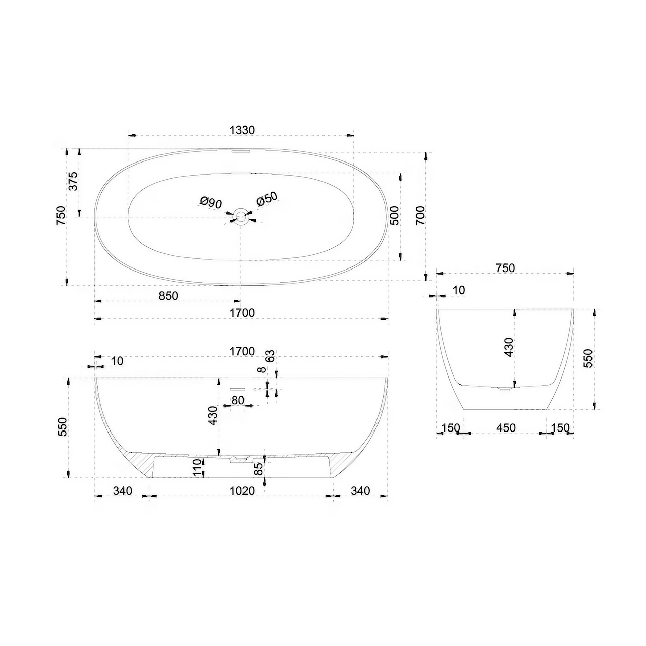 51 Inch Oval Artificial Stone Single Soak Bathtub in White