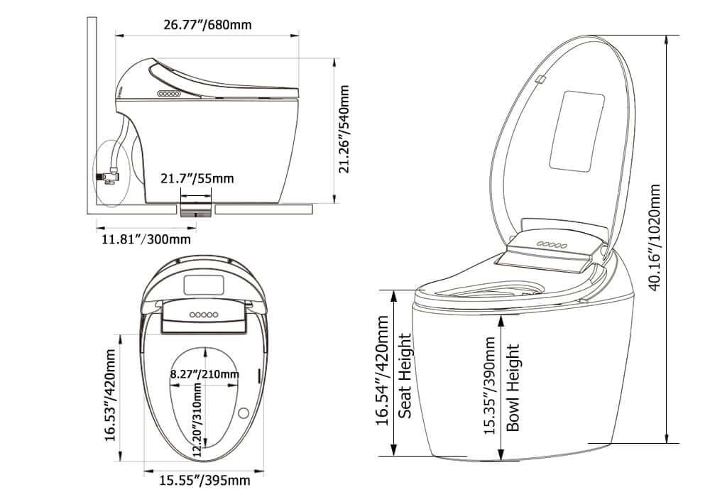 Smart Bidet Toilet with Heated Seat and Auto Flush Features Dimensions